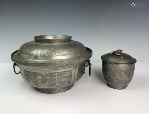 Pewter Cover Bowl and Cup with Large Stone Inlay Mark