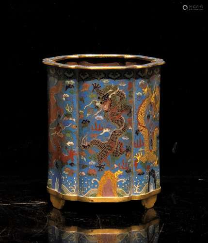 Cloisonne Enamel Dragon Brush Pot with Mark