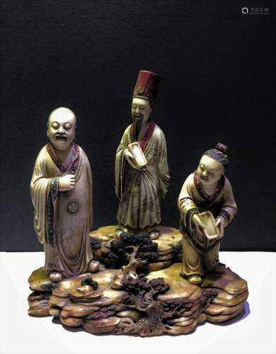 Carved Soap Stone Figures of Scholar on Mountain