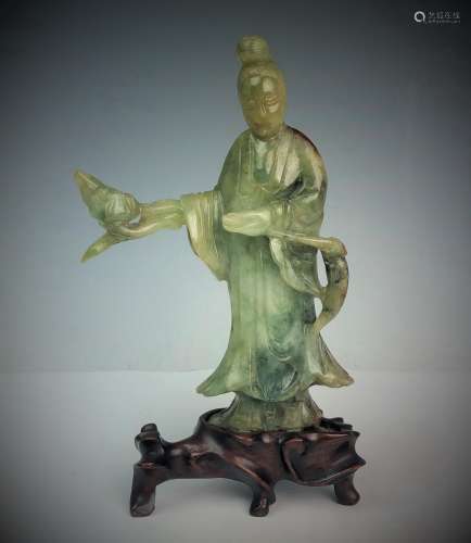 Carved Green Jadeite Figure of GuanYin