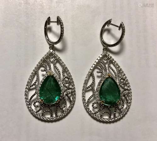 14K WG,Emerald & Diams Earrings