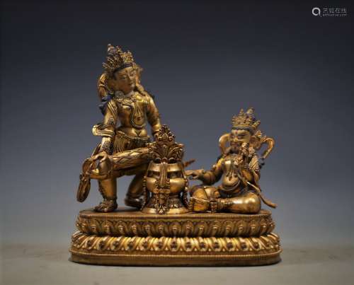 Gilt Bronze Figure to Two Deities with Mark