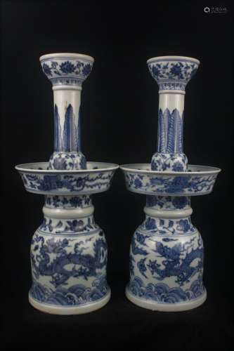 Pair of Blue and White Porcelain Candlesticks