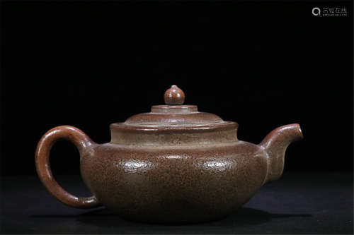 A SILVER INLAY OLD PURPLE CLAY TEAPOT
