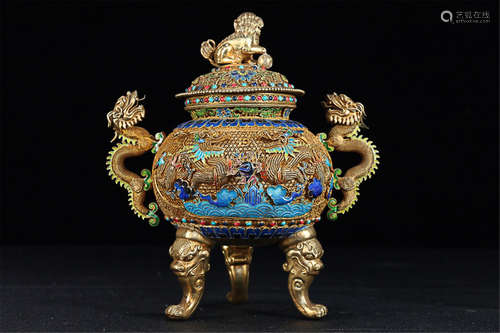 17-19TH CENTURY, A DRAGON EARS DESIGN GILT SILVER TRIPOD FURNANCE,QING DYNASTY