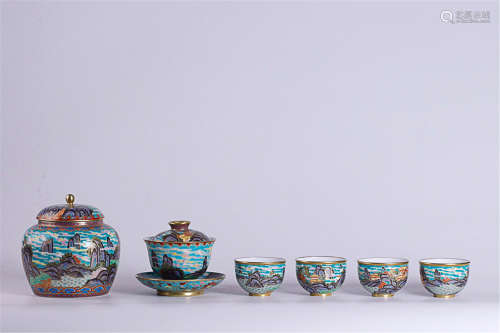 A SET OF ENAMEL TEA POT&CUPS