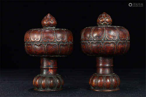 A PAIR OF AGILAWOOD CARVED LOTUS ORNMENT