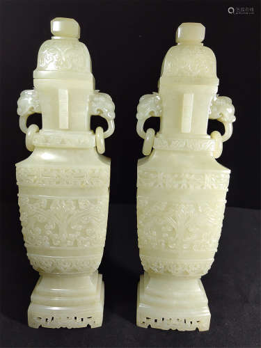 17-19TH CENTURY, A PAIR OF DOUBLE EARINGS HETIAN JADE VASES,QING DYNASTY