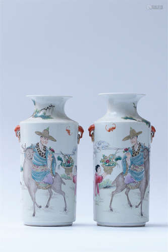A PAIR OF FAMILLE ROSE FIGURE DESIGN DOUBLE-EAR VASES