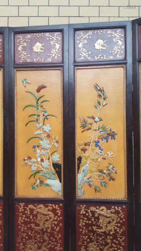 A GEM DECORATED BIRD AND FLORAL PATTERN SCREEN
