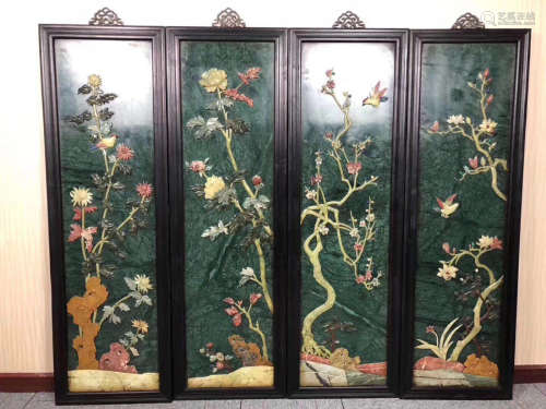 SET OF WOOD FRAME AND GREEN STONE DECORATED SCREENS
