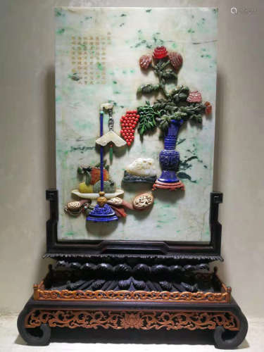 A ZITAN WOOD GEM DECORATED POETRY PATTERN SCREEN