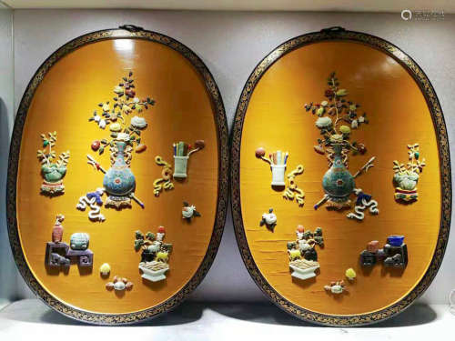 PAIR BLACK LACQUER GILDED GEM DECORATED SCREEN