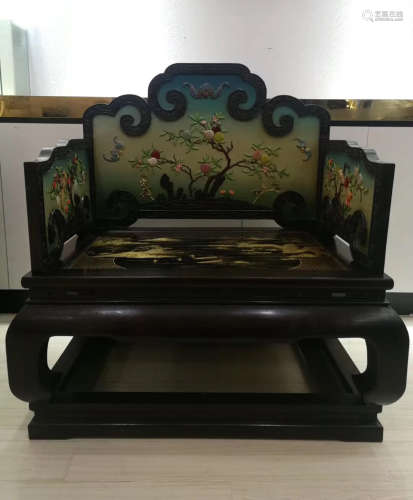 A TAN WOOD GEM DECORATED SCREENS CHAIR