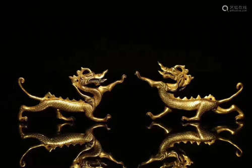 PAIR GILT BRONZE DRAGON SHAPED PAPERWEIGHTS