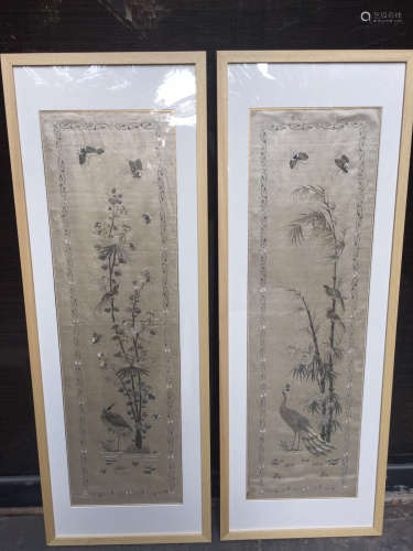 PAIR FLORAL AND BIRD PATTERN EMBROIDERY SCREEN
