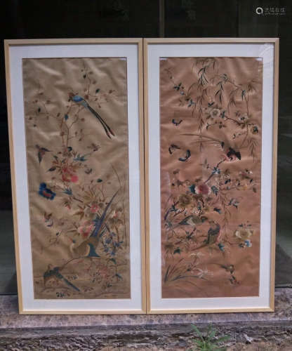 PAIR BIRD AND FLORAL PATTERN EMBROIDERY SCREEN