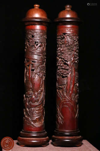 PAIR BAMBOO CARVED STORY PATTERN CYLINDER BOX