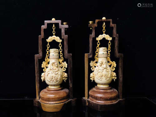 PAIR TOOTH BONE CARVED OLD VASES