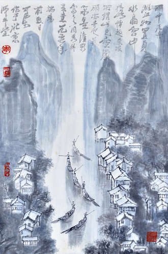 李可染 雨中泛舟（木板水印）