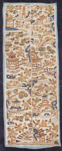 A Chinese Qing period silk shoulder decoration or double epaulette, decorated with buildings and