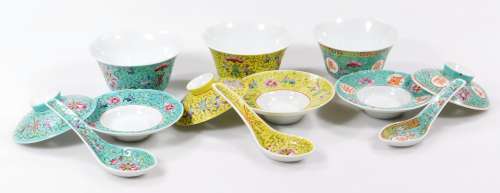 A part set of 20thC Chinese rice bowls, some with covers, in turquoise, yellow, etc, with ladles,