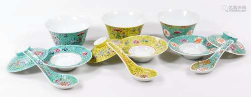 A part set of 20thC Chinese rice bowls, some with covers, in turquoise, yellow, etc, with ladles,