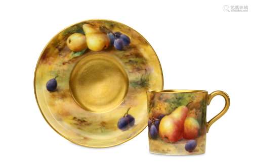 A ROYAL WORCESTER FRUIT PAINTED COFFEE CAN AND SAUCER BY HORACE PRICE