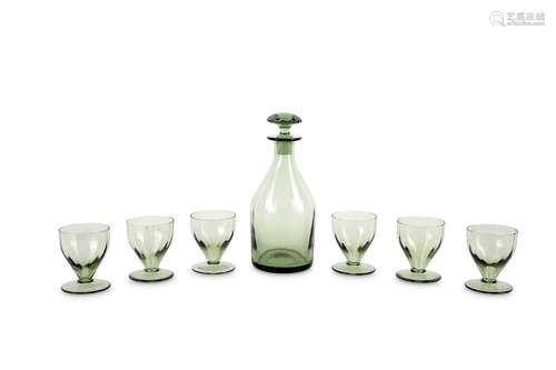 A WHITEFRIARS M74 GREEN GLASS DECANTER SET DESIGNED BY WILLIAM WILSON