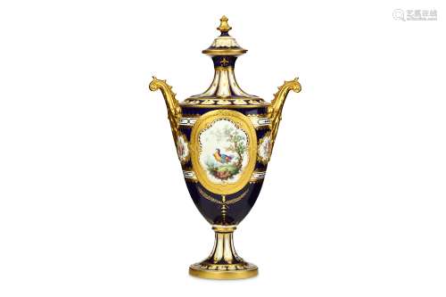 A FINE ROYAL CROWN DERBY TWIN-HANDLED VASE AND COVER BY GEORGE DARLINGTON