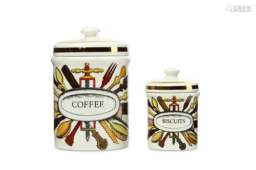 TWO PIERO FORNASETTI PORCELAIN JARS AND COVERS