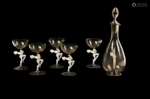 AN AUSTRIAN BIMINI GLASS FIGURAL LIQUEUR SET