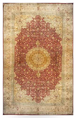 AN EXTREMELY FINE SILK INDIAN CARPET approx: 19ft.3in. x 11ft.8in.(585cm.x 354cm.) Superb quality