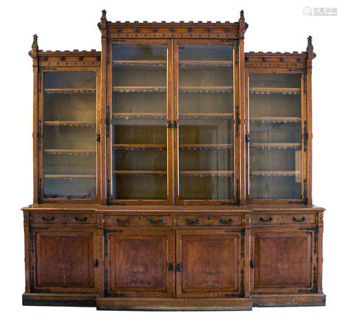 A 19th century Gothic-Revival oak and pollard oak breakfront bookcase