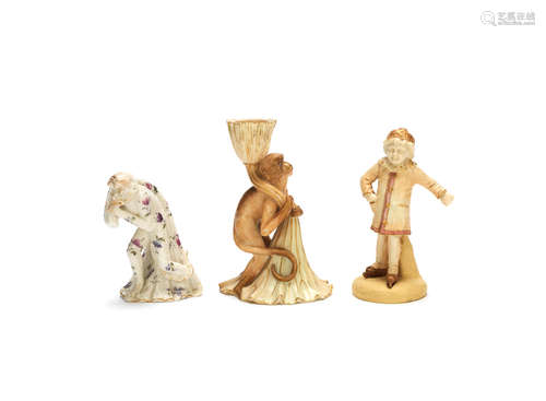 Dated 1889 and 1892  The Monkey and Lotus: two Royal Worcester models, and a rare Worcester figure