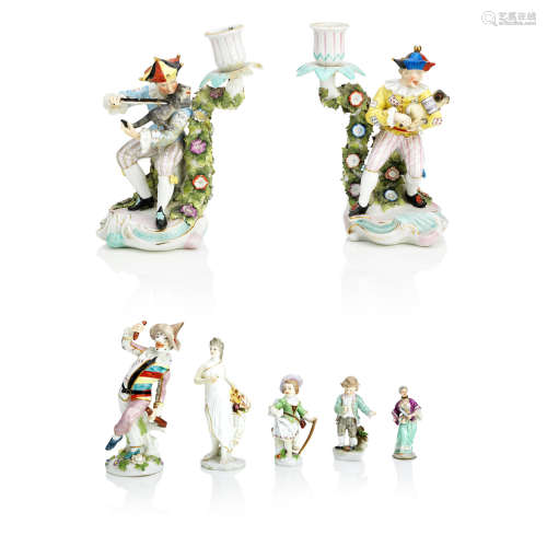Late 19th century Three Samson figures, two Meissen figures, and a pair of Sitzendorf figural candlesticks