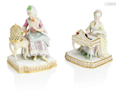 Mid 19th century Two Meissen figures allegorical of Touch and Hearing
