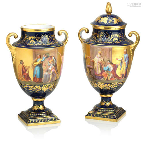 Late 19th century A pair of Vienna style twin handled vases