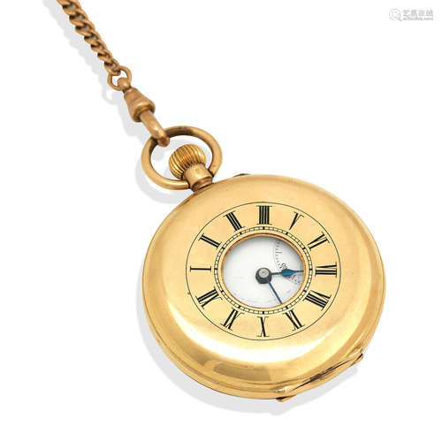 unsigned (2)  A 14k gold half hunter keyless pocket watch with Albert