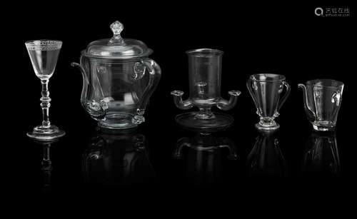 17th-18th century A glass posset pot and cover, two posset glasses, a façon de Venise oil lamp and a Dutch-engraved goblet