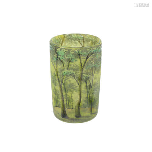 Circa 1900 A miniature Daum acid etched and enamelled landscape vase