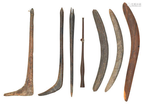 A collection of aboriginal clubs and boomerangs