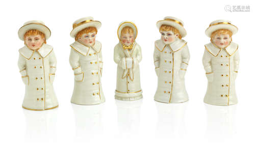 Circa 1880 Boy with Boater and Girl with Muff: five Royal Worcester extinguishers