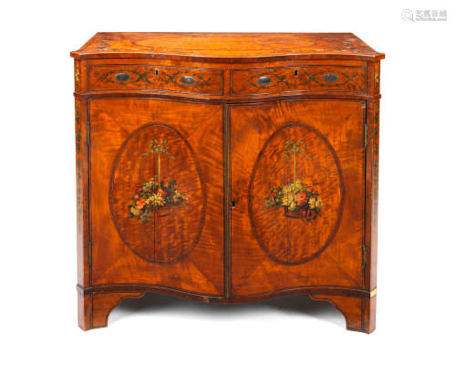 A George III satinwood, rosewood and later polychrome painted side cabinet