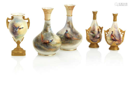 Late 19th/early 20th century Five small Royal Worcester vases painted by James Stinton