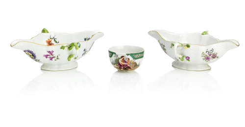 Circa 1755 and 1770 Two Meissen twin handled sauceboats together with a Frankenthal cup