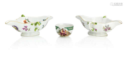 Circa 1755 and 1770 Two Meissen twin handled sauceboats together with a Frankenthal cup