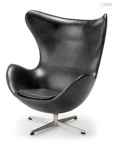 Fibre-glass shell, foam, leather, steel swivel base82cm x 73cm x 107cm  Arne Jacobsen (Danish, 1902-1971) An Egg chair, designed 1958, manufactured by Fritz Hansen
