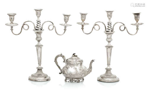 (4) A pair of 19th century Sheffield plate candlesticks and later branches