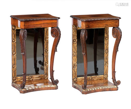 A pair of George IV rosewood and carved giltwood pier tables